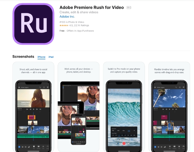 Aplicação de edição de vídeo Adobe Premiere Rush